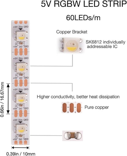 SK6812 RGBWW LED Strip Light 4 in 1 Similar WS2812B 1 m 60 LEDs Individually Addressable RGBWW LED Lights IP30 5V (1 Meter)