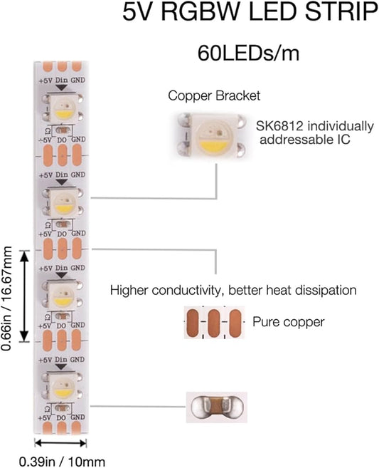 SK6812 RGBWW LED Strip Light 4 in 1 Similar WS2812B 1 m 60 LEDs Individually Addressable RGBWW LED Lights IP30 5V (1 Meter)