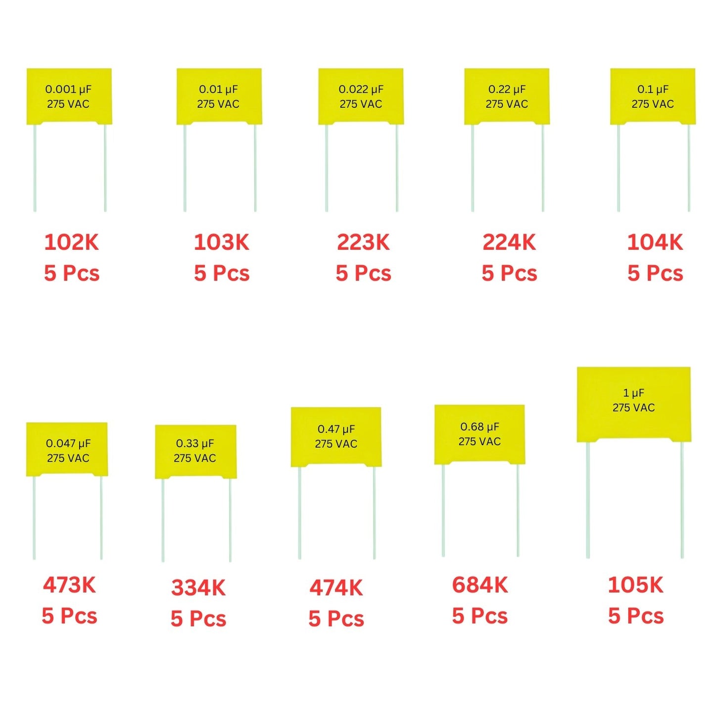 Elepak X2 Box Capacitor 275V Pak 1KpF to 1µF 50 Pcs 10 Values