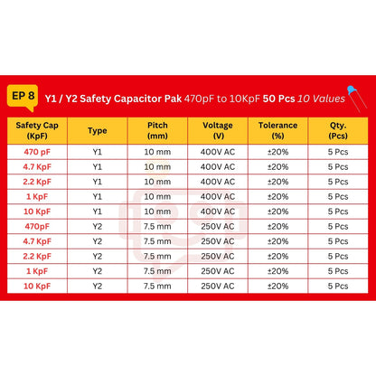 Elepak EP8 Y1 / Y2 Safety Capacitor Pak 470pF to 10KpF 50 Pcs 10 Values