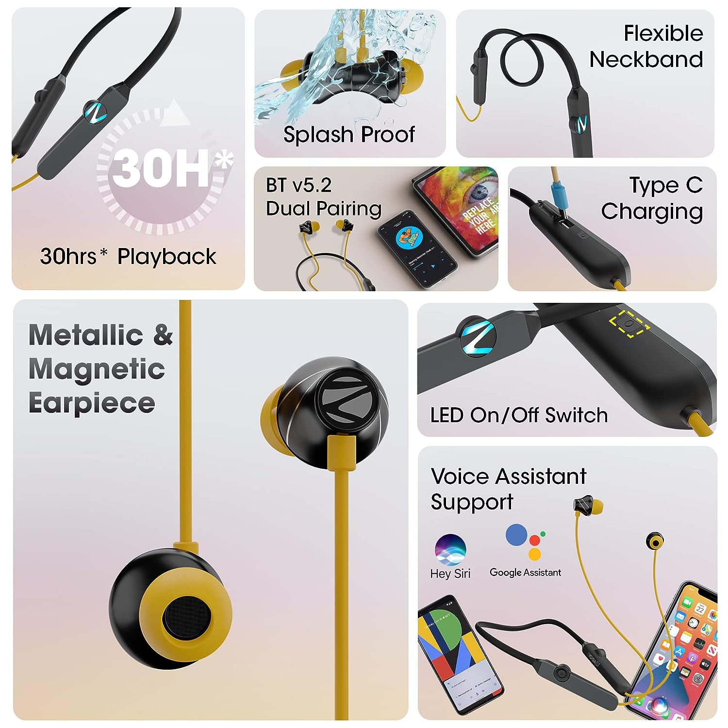 ZEBRONICS Yoga N2 (YELLOW) RGB Neckband with 30H Playtime, ENC Mic, Upto 50ms Gaming Mode, Powerful Bass, Voice Asst, IPX4, Dual Pairing, Type C Port, Bluetooth v5.2 Wireless in Ear Earphones with Mic