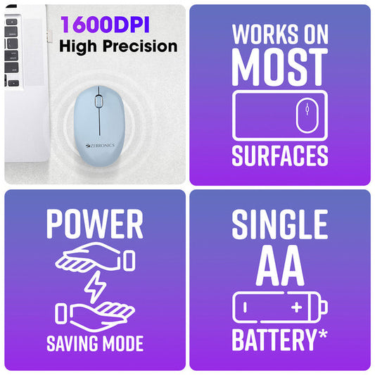 ZEBRONICS Cheetah (Blue) Wireless Mouse with 1600 DPI, High Accuracy, Precise Usage, 3 Buttons, Ergonomic and Comfortable Design