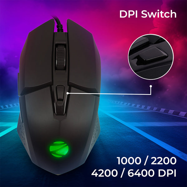ZEBRONICS Shark Premimum Gaming USB Mouse with High Resolution Sensor, 1.8M Braided Cable, RGB Led Lights, 1000/2200/4200/6400 Dpi, 6 Buttons, Dpi Switch, Button