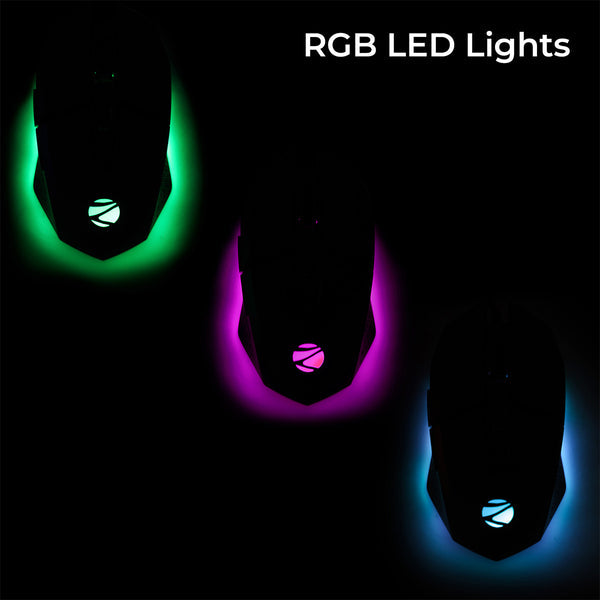 ZEBRONICS Shark Premimum Gaming USB Mouse with High Resolution Sensor, 1.8M Braided Cable, RGB Led Lights, 1000/2200/4200/6400 Dpi, 6 Buttons, Dpi Switch, Button
