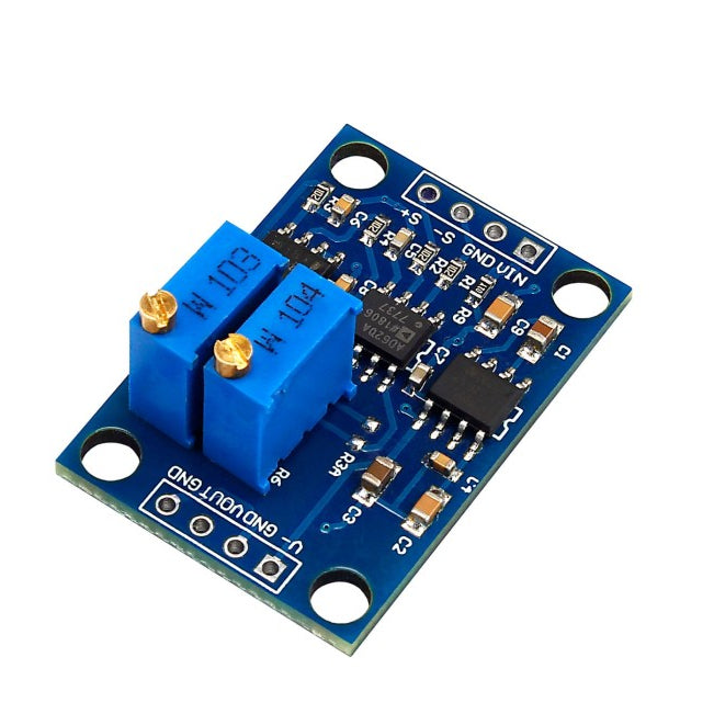 Electronic component board with blue connectors on a white background