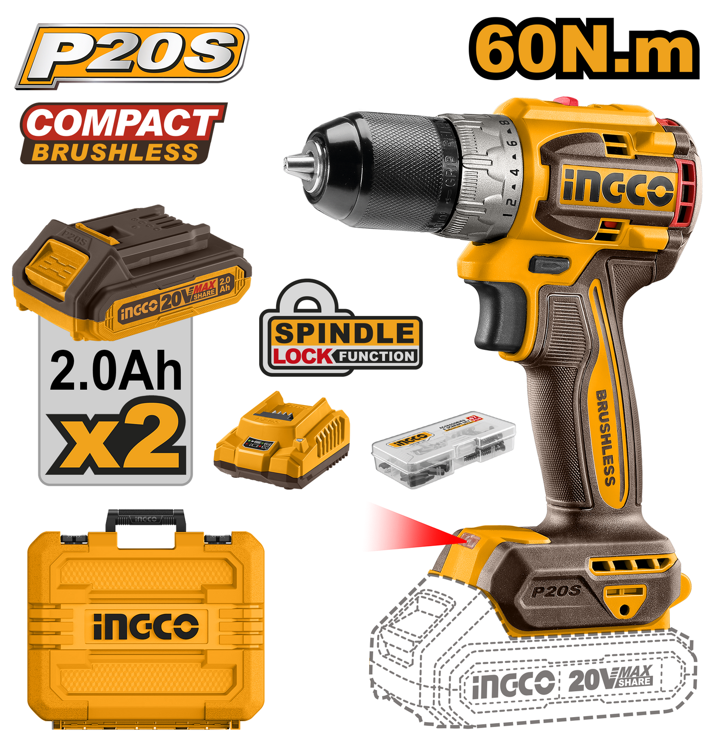 INGCO CDLI20602 Compact Brushless Cordless Drill 20V 60NM Torque with 2 Battery, Charger and 47 pcs Accessories