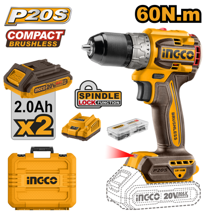 INGCO CDLI20602 Compact Brushless Cordless Drill 20V 60NM Torque with 2 Battery, Charger and 47 pcs Accessories