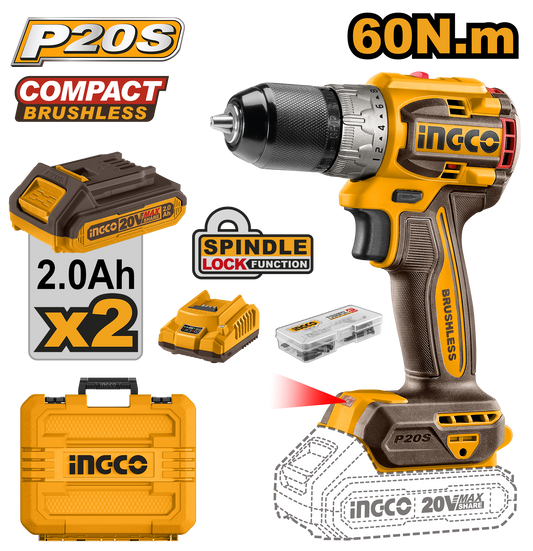 INGCO CDLI20602 Compact Brushless Cordless Drill 20V 60NM Torque with 2 Battery, Charger and 47 pcs Accessories