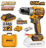 INGCO CDLI20602 Compact Brushless Cordless Drill 20V 60NM Torque with 2 Battery, Charger and 47 pcs Accessories