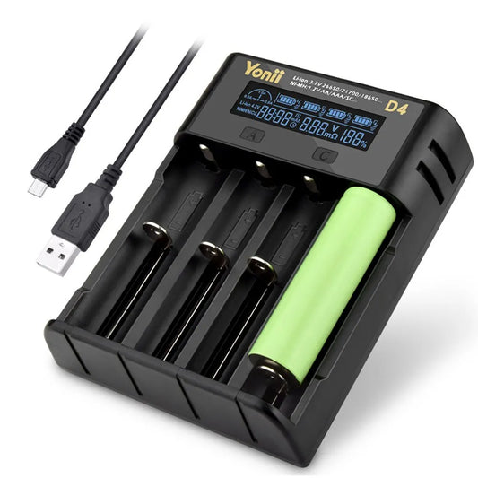 YONII D4 LCD 18650 Battery Charger 4 Slot for 18650 21700 26650 Lithium AA AAA Nimh Battery - black