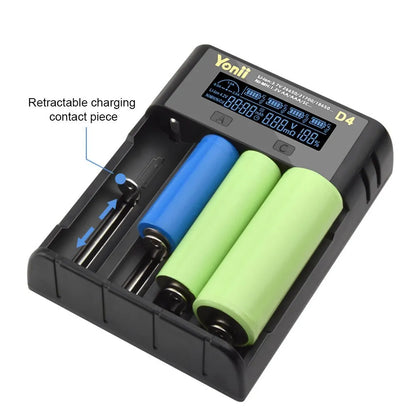 YONII D4 LCD 18650 Battery Charger 4 Slot for 18650 21700 26650 Lithium AA AAA Nimh Battery - black