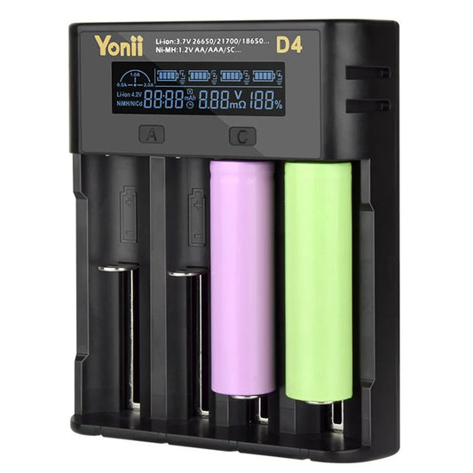 YONII D4 LCD 18650 Battery Charger 4 Slot for 18650 21700 26650 Lithium AA AAA Nimh Battery - black