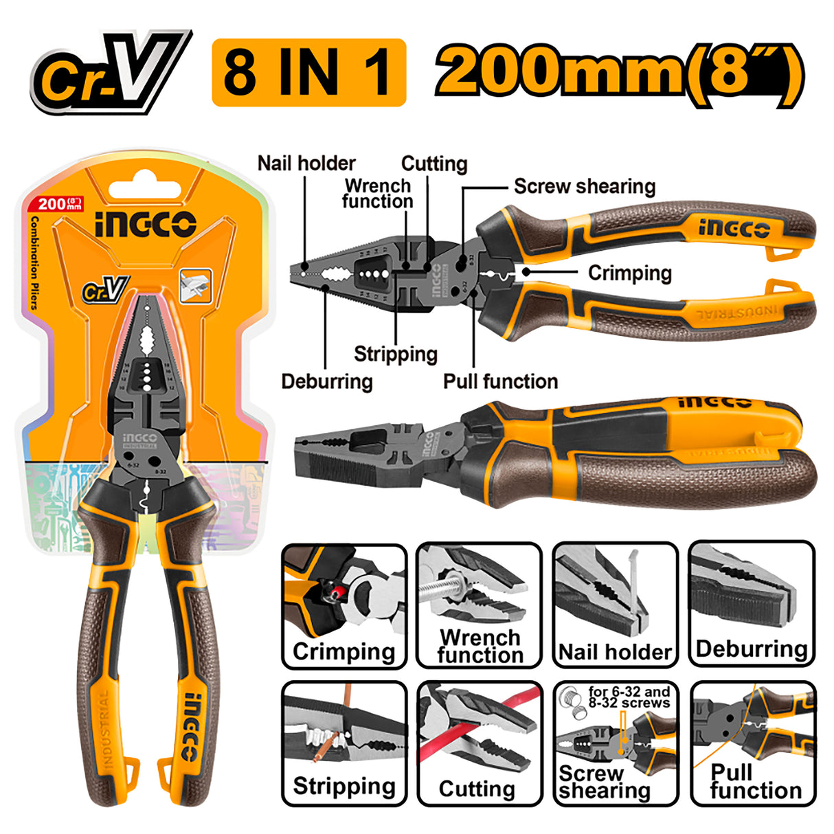 INGCO HMFCP28200 8-in1 Multi-Function Combination Plier