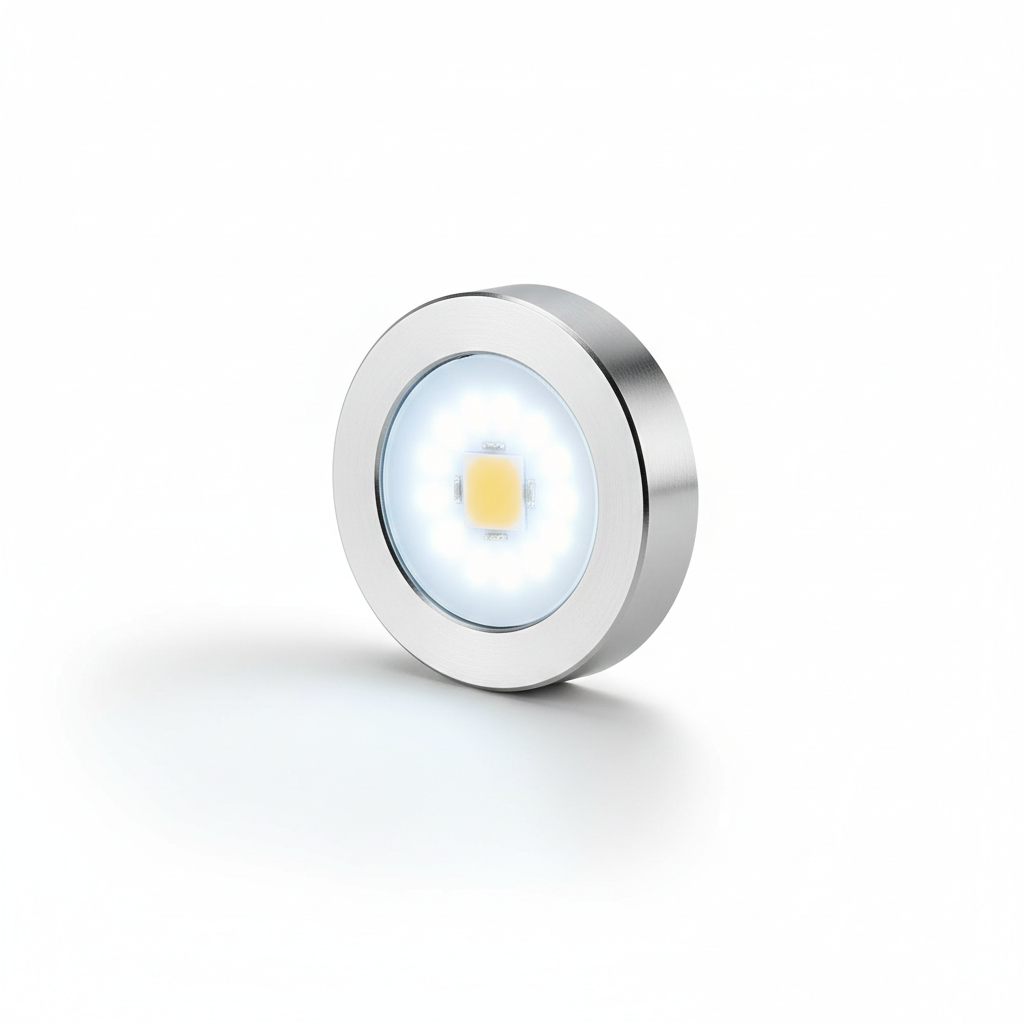 LED Puck Light 2W 12V 6000K Cool White, 60mm silver shell, compact puck design