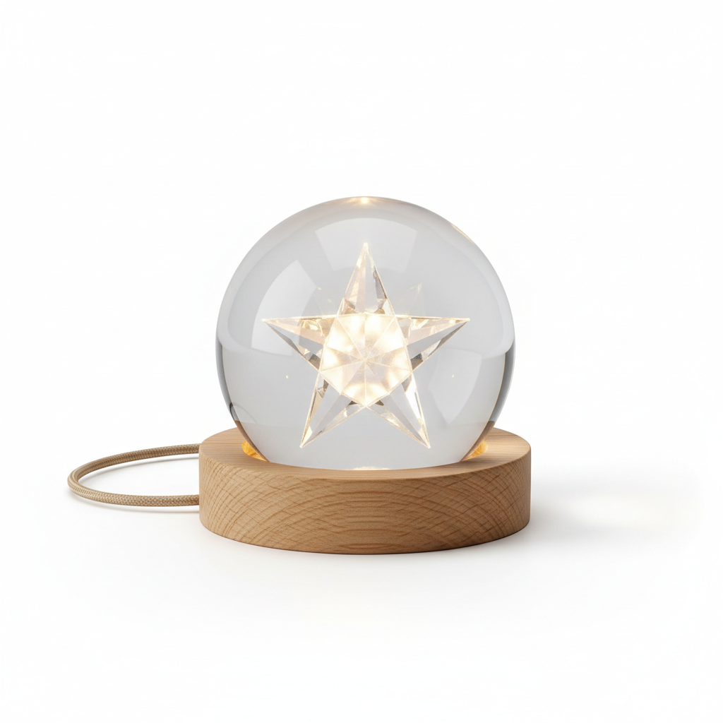 USB LED Puck Light 5V 3000K warm white with 3D crystal star and wooden base, 100x20mm