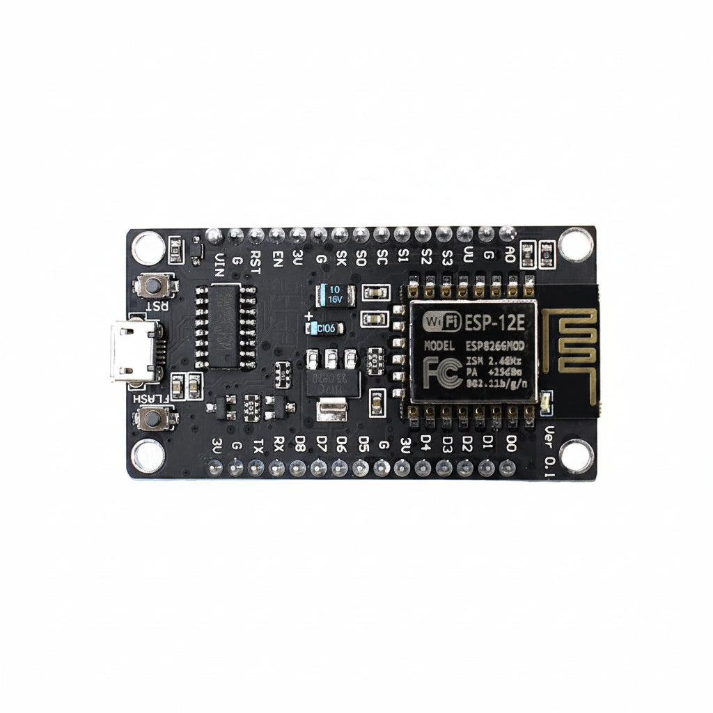 ESP-12E WiFi Bluetooth module on a black PCB carrier board, featuring a white USB-C connector, silver screw terminals, and a gold RF coil, shown on a white background.