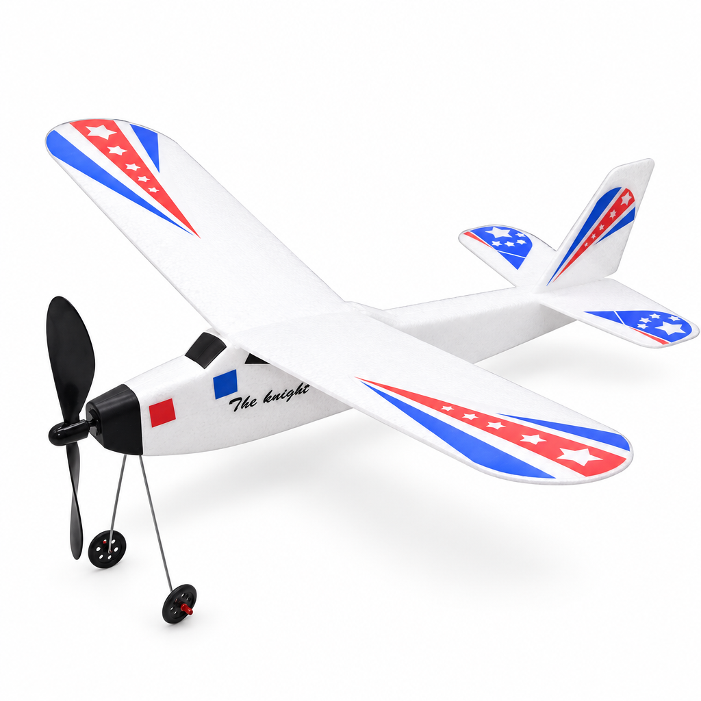 Lightning Fighter rubber band powered foam airplane, three-quarter front view, on a white background