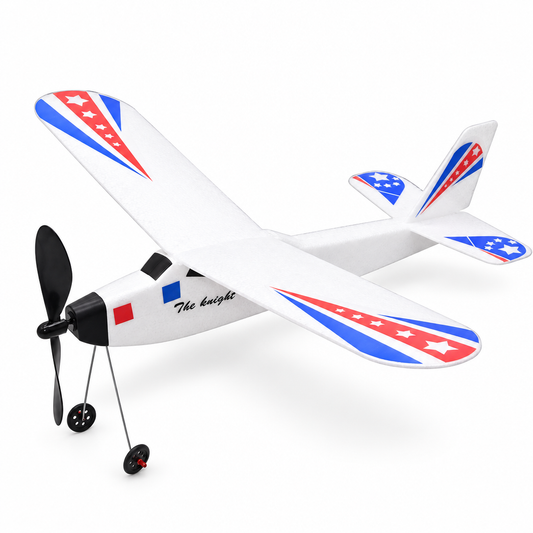 Lightning Fighter rubber band powered foam airplane, three-quarter front view, on a white background