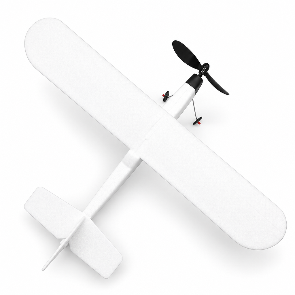Lightning Fighter rubber band powered foam airplane viewed from above on a white background