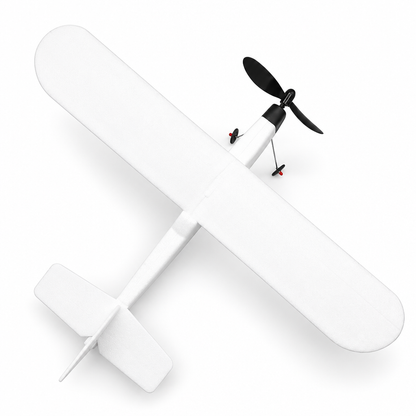 Lightning Fighter rubber band powered foam airplane viewed from above on a white background