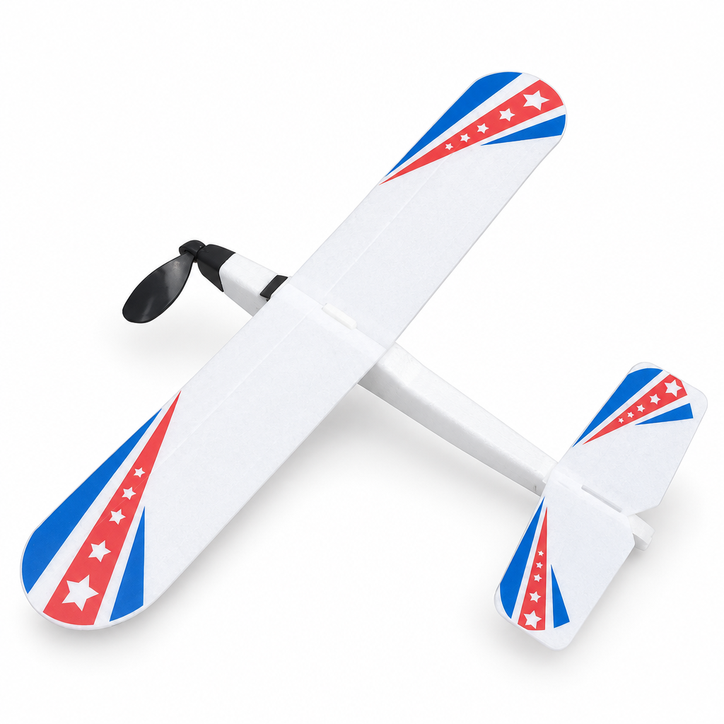 Lightning Fighter rubber band powered foam airplane with red and blue star decals on a white background