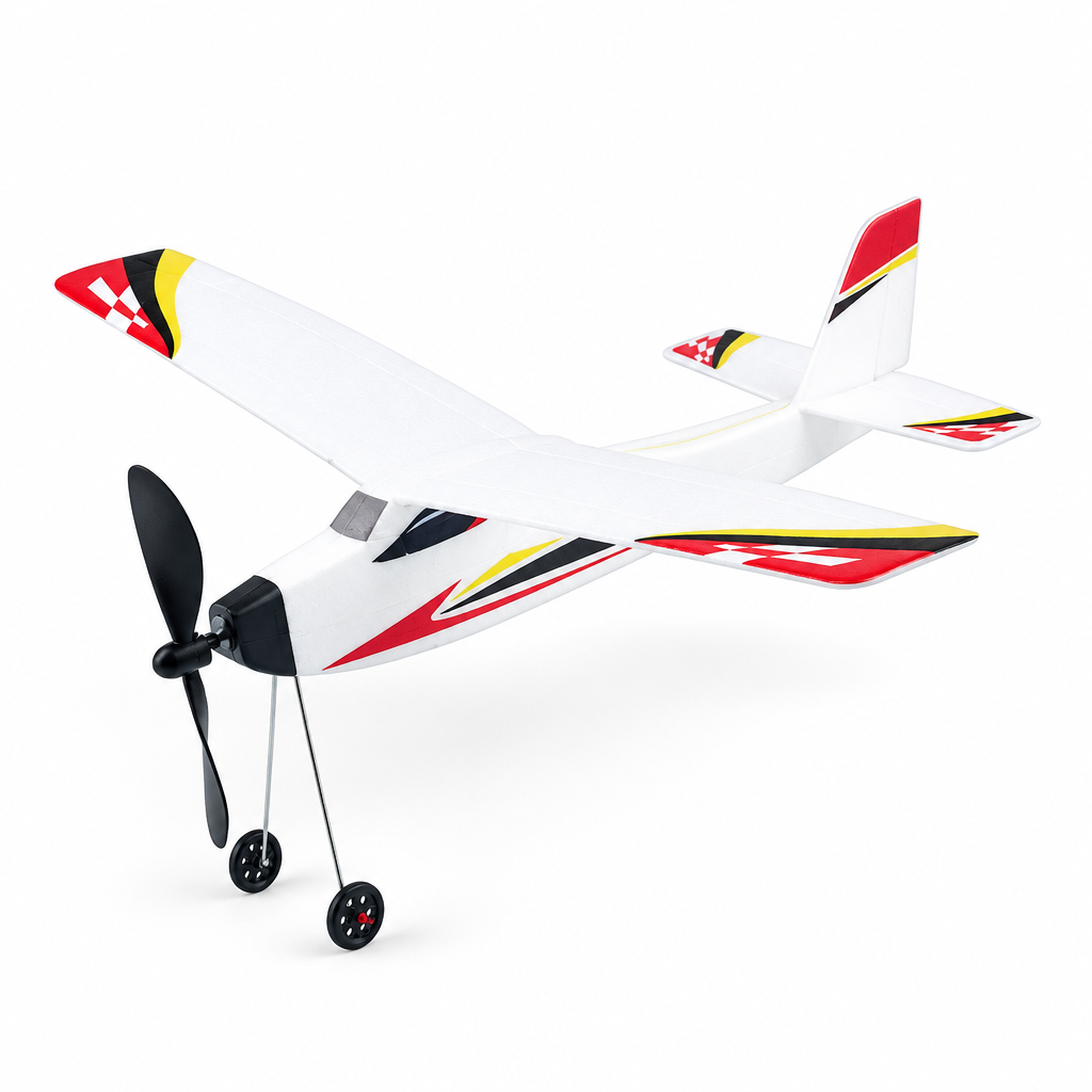 Lightning Fighter rubber band powered foam airplane with red, yellow and black decals on a white background