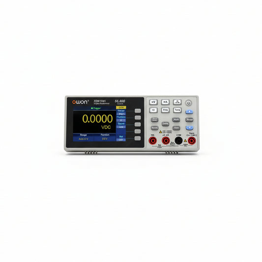 An OWON XDM1041 Digital Multimeter with a True RMS- Mini Benchtop USB Interface. The multimeter has a silver body and a digital display screen showing various measurement options like voltage and resistance.