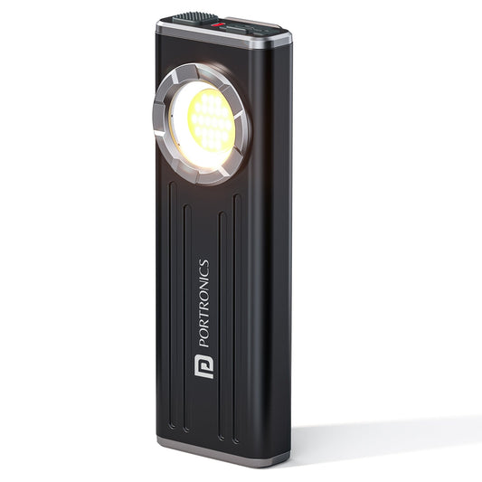 Portronics POR 3357 Eco Glow Bolt Rechargeable Magnetic LED Torch, 650 Lumens, 3 Modes, Type-C Charging, Pocket Clip, Aluminium Body, 35m Beam Range, Ideal for Camping, Repairs, Car, Emergency & Home Use