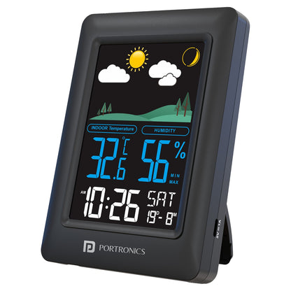 Portronics POR-3422 Meteo Temperature & Humidity Monitor Max/Min Records LED Display Alarm & Snooze 12/24H Format C/F Switch Wall/Table Mount