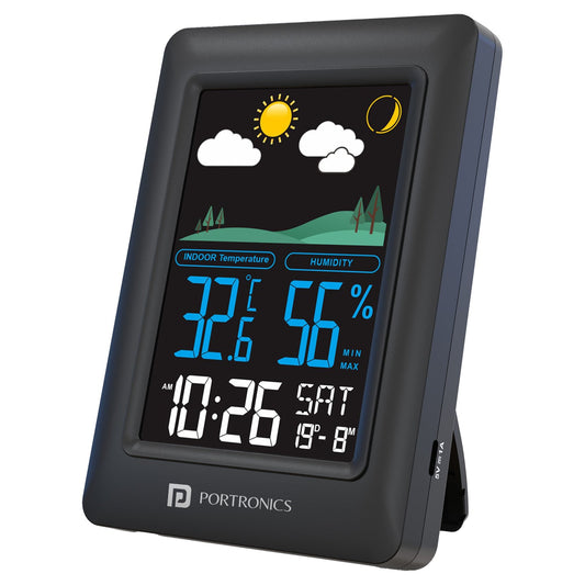 Portronics POR-3422 Meteo Temperature & Humidity Monitor Max/Min Records LED Display Alarm & Snooze 12/24H Format C/F Switch Wall/Table Mount