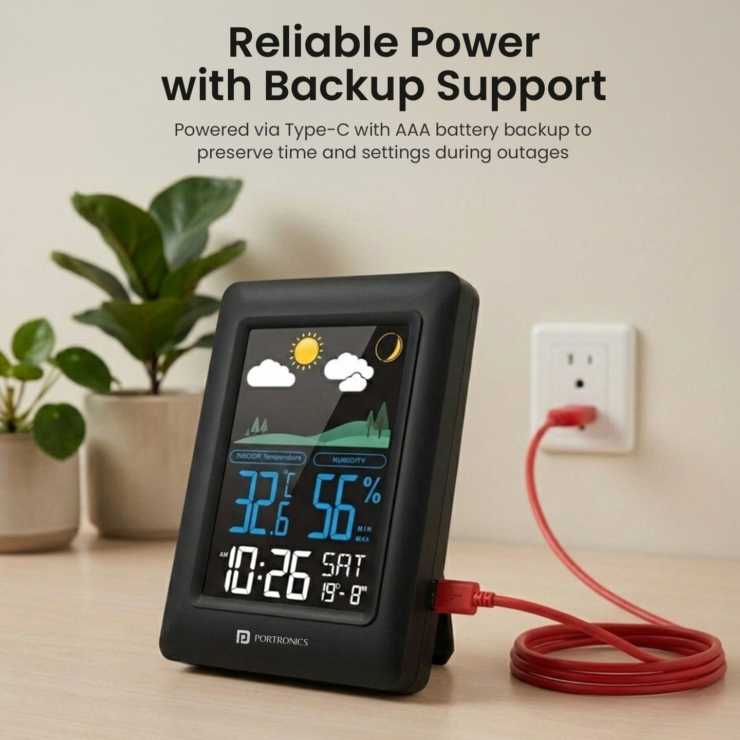 Portronics POR-3422 Meteo Temperature & Humidity Monitor Max/Min Records LED Display Alarm & Snooze 12/24H Format C/F Switch Wall/Table Mount