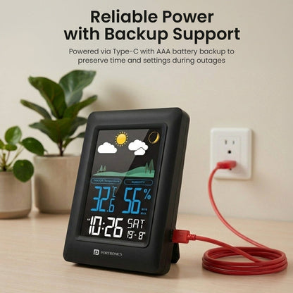 Portronics POR-3422 Meteo Temperature & Humidity Monitor Max/Min Records LED Display Alarm & Snooze 12/24H Format C/F Switch Wall/Table Mount