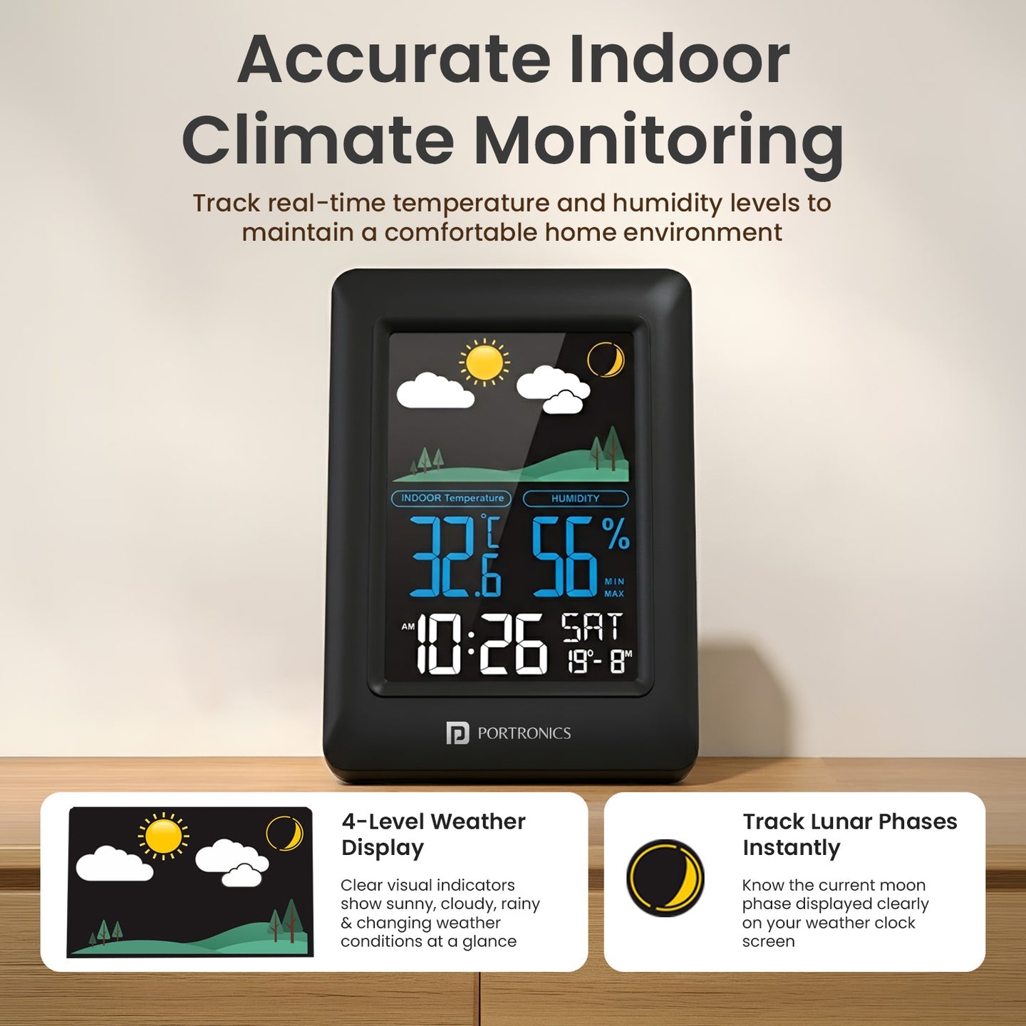 Portronics POR-3422 Meteo Temperature & Humidity Monitor Max/Min Records LED Display Alarm & Snooze 12/24H Format C/F Switch Wall/Table Mount