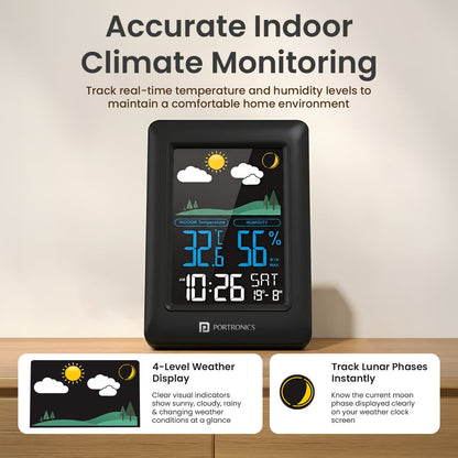 Portronics POR-3422 Meteo Temperature & Humidity Monitor Max/Min Records LED Display Alarm & Snooze 12/24H Format C/F Switch Wall/Table Mount