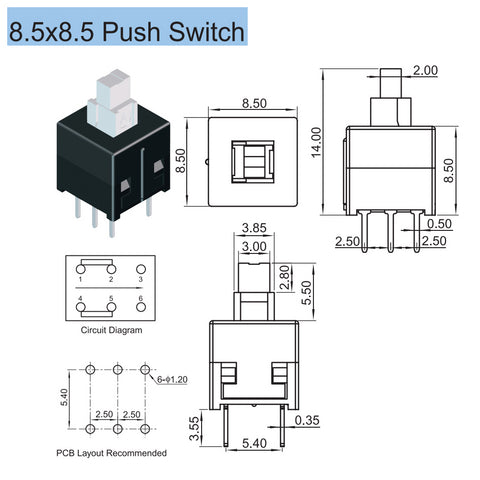 8.5×8.5mm Non Locking Tactile Push Button Switch 6 Pin no sound (Reset Type)