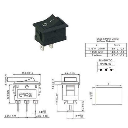 KCD1-11 3a 250v Rocker Switch SPST Panel Mount Mini 6A/125V, 3A/250V