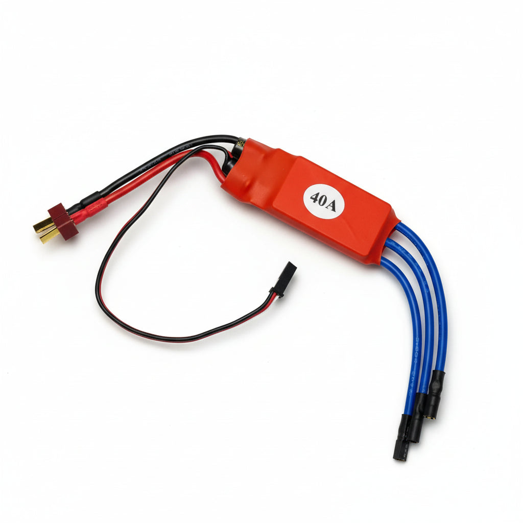 Red electronic component with blue and black wires on a white background