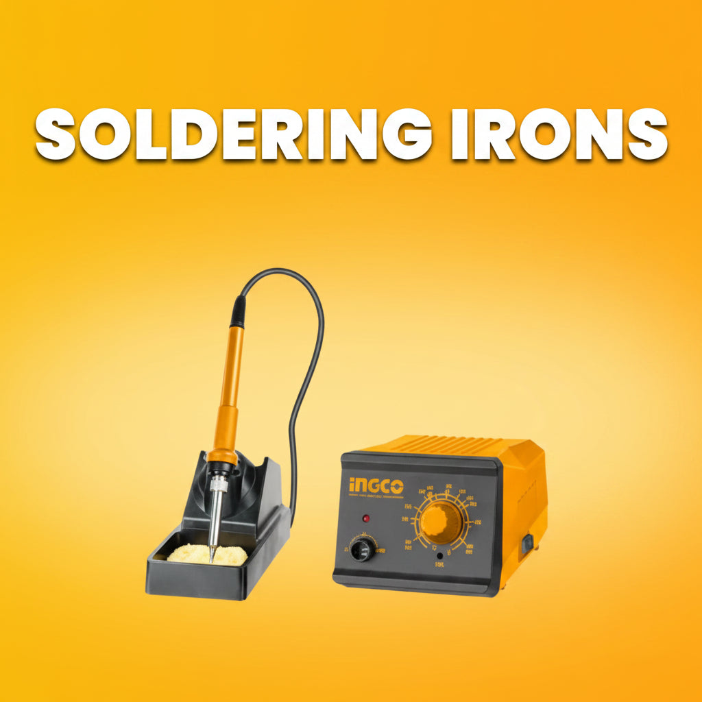 A soldering iron set with a yellow and black INCCO soldering station and stand, shown against a bright yellow gradient background with the text 'SOLDERING IRONS' at the top.