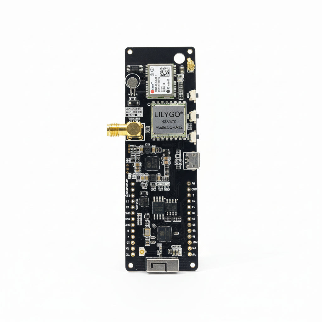 An electronic module with various connectors and antennas, labeled with 'LILYGO' and 'TTGO' branding, intended for IoT and wireless applications.