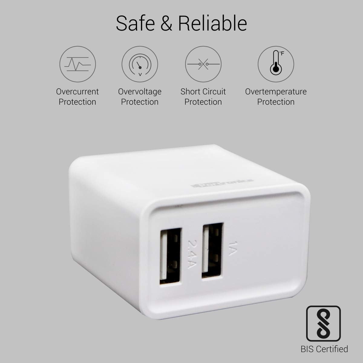 Portronics Adapto 646 POR-646, 3.1A Fast Charging Dual USB Port Wall Adapter with 1M Micro-USB Charging Cable (White)