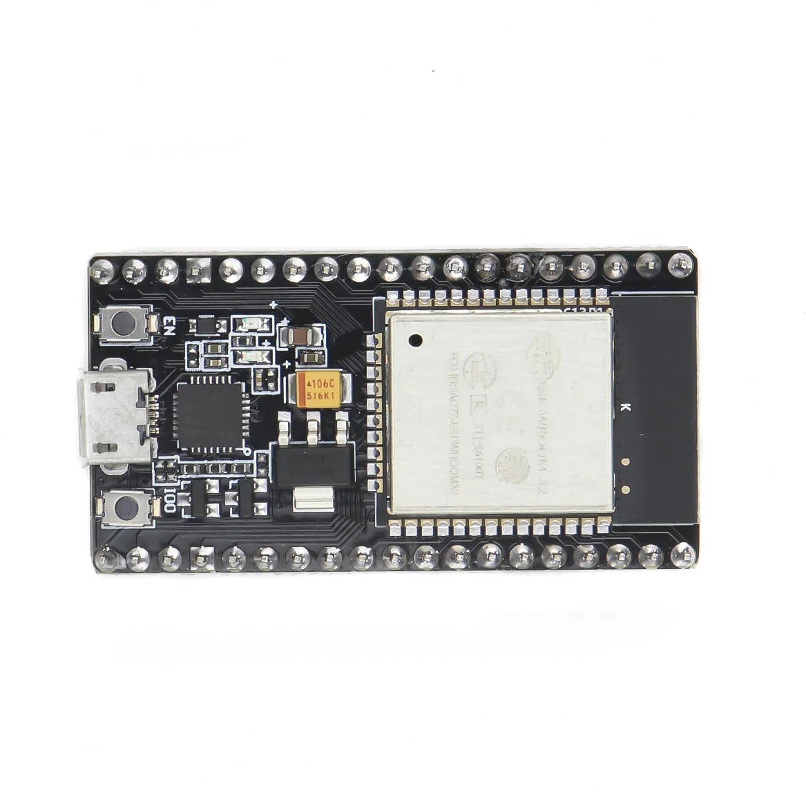 ESP32 38 Pin WROOM32 Development Board, showing the layout with various electronic components and pin headers.