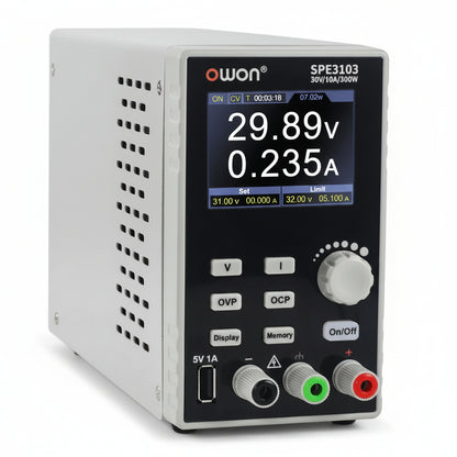 OWON SPE3102 30V 10A Programmable DC Power Supply with a digital display and various control buttons and ports.