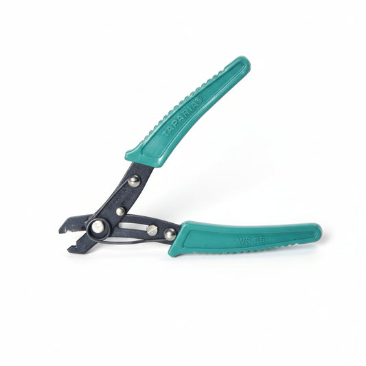 A Taparia wire stripper pliers with green handles and steel body.