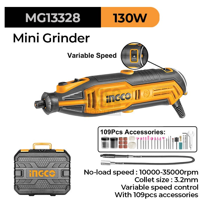INGCO MG13328 Mini Grinder 130 watt with 110 Pcs accessories – Indian Hobby  Center