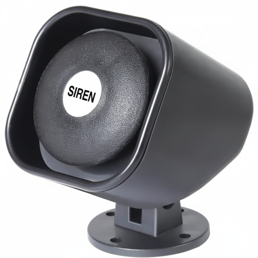A black plastic siren alarm with the word 'SIREN' labeled on the front.