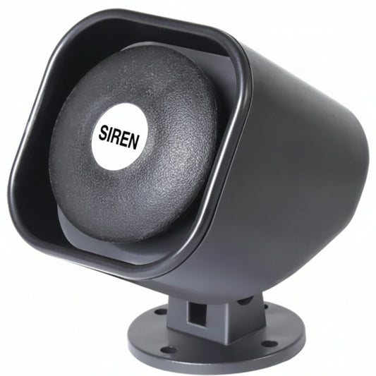 A black plastic siren alarm with the word 'SIREN' labeled on the front.